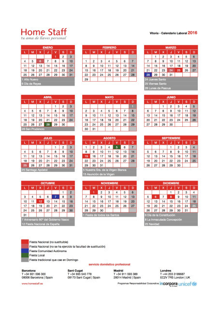 calendario laboral 2016 Vitoria-Gasteiz Empleadas Hogar