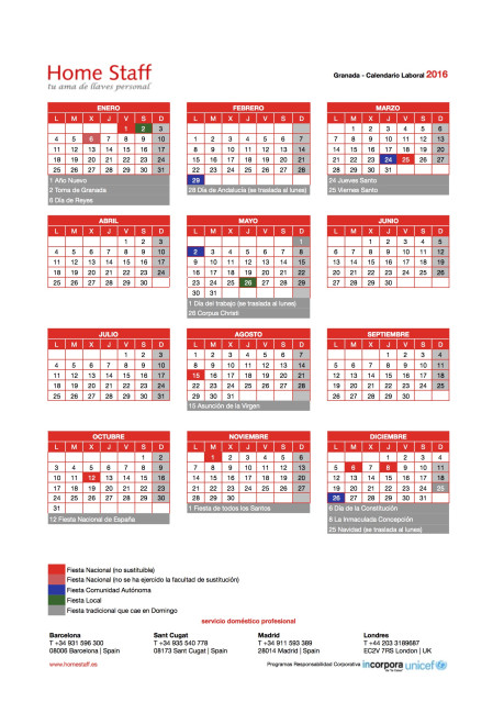calendario laboral 2016 Granada Empleadas Hogar