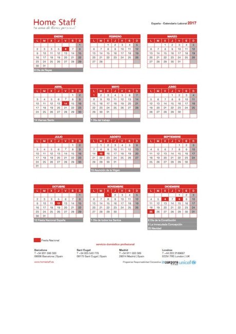 calendario laboral 2020 España Empleadas Hogar