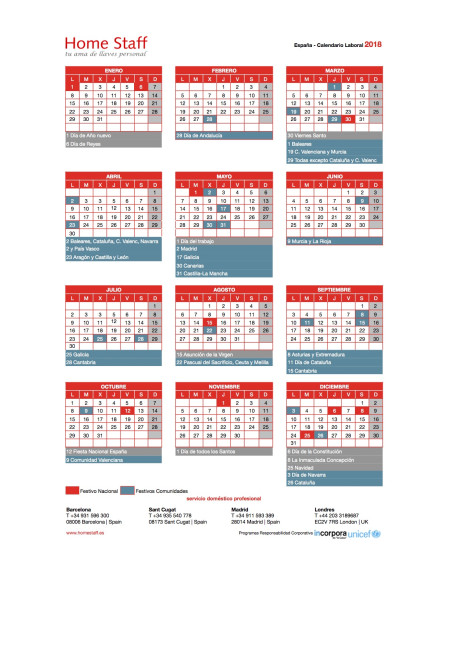 calendario laboral 2018 España Empleadas Hogar
