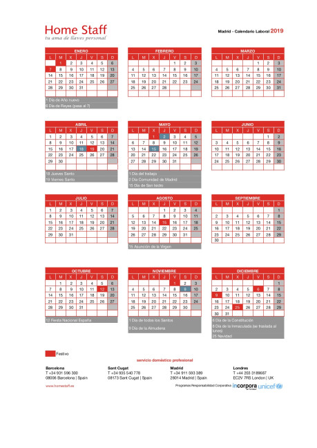 calendario laboral 2019 Madrid Empleadas Hogar