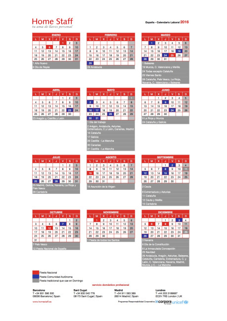 calendario laboral 2016 España Empleadas Hogar