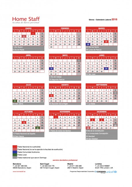 calendario laboral 2016 Girona Empleadas Hogar