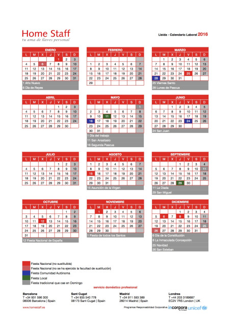 calendario laboral 2016 Lleida Empleadas Hogar