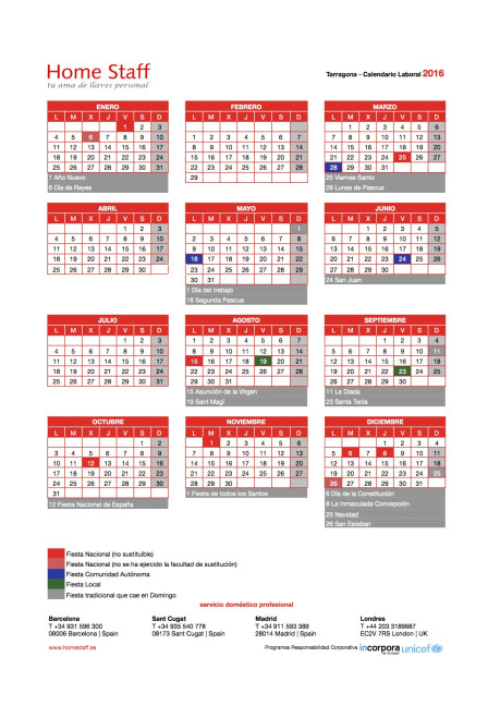 calendario laboral 2016 Tarragona Empleadas Hogar